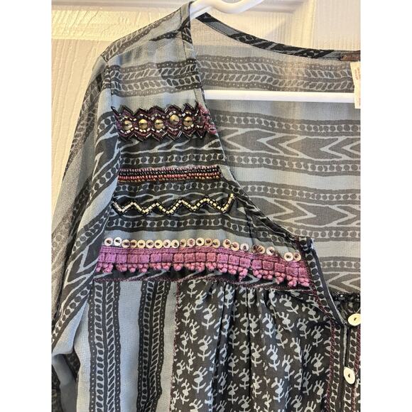 Free People Oversized Black Gray Sheer Blouse With Purple Beading Detail. Small - Picture 2 of 6